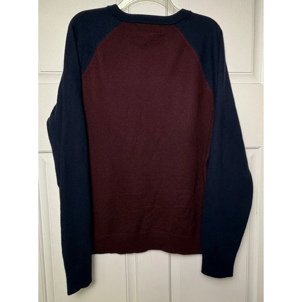 Banana Republic Mens XL 100% Merino Wool Colorblock Crewneck Sweater Wine Navy